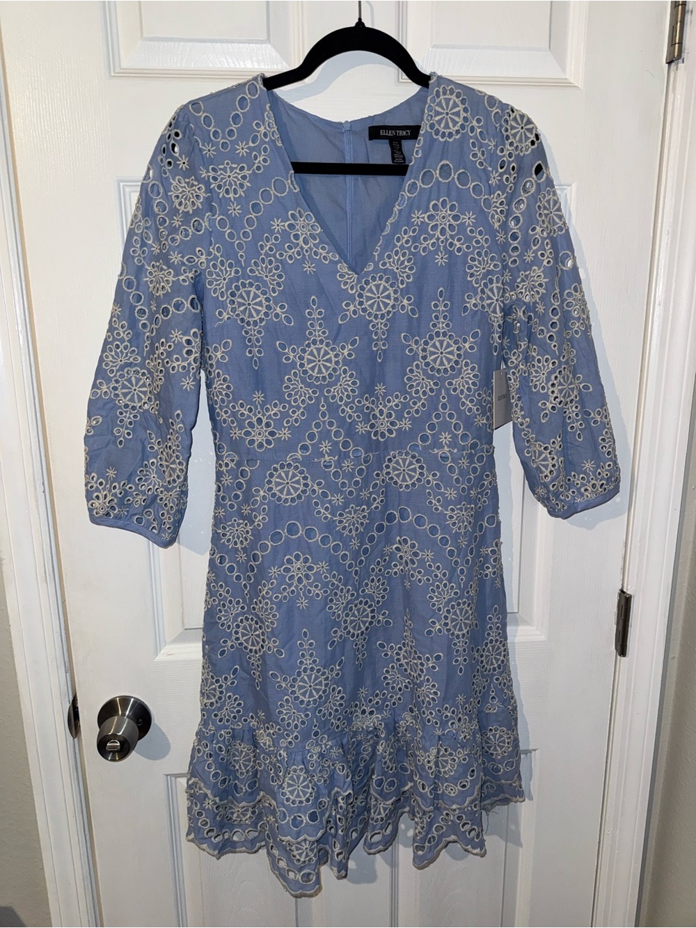 Ellen Tracy Women's Blue Eyelet Fit &Flare Lined Dress Size Small 3/4 Sleeve NWT